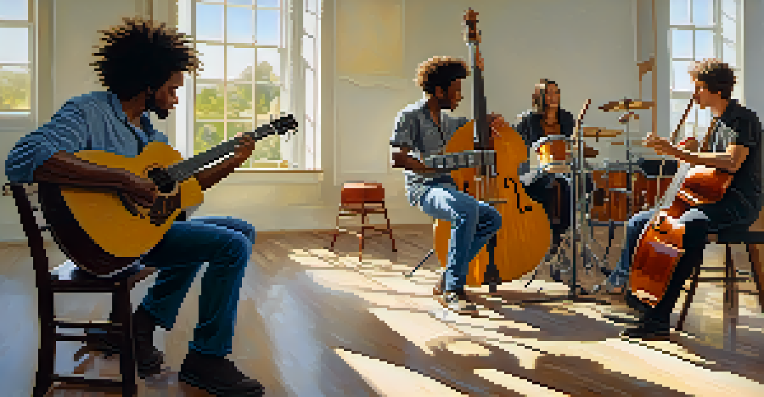 A group of musicians jamming together in a bright space, with a guitarist at the center and joyful expressions.
