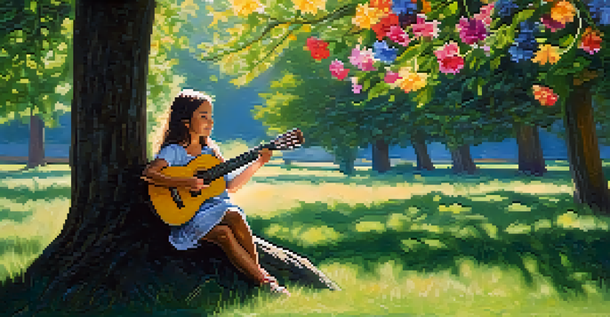 A young girl joyfully playing an acoustic guitar on the grass, surrounded by flowers and sunlight filtering through trees.
