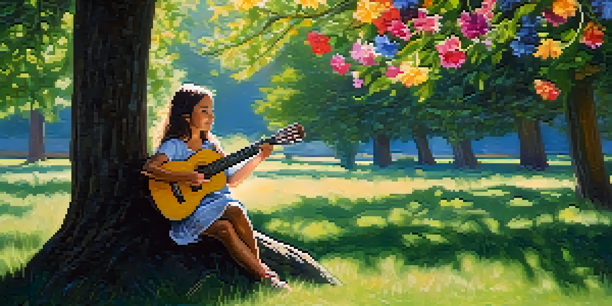 A young girl joyfully playing an acoustic guitar on the grass, surrounded by flowers and sunlight filtering through trees.