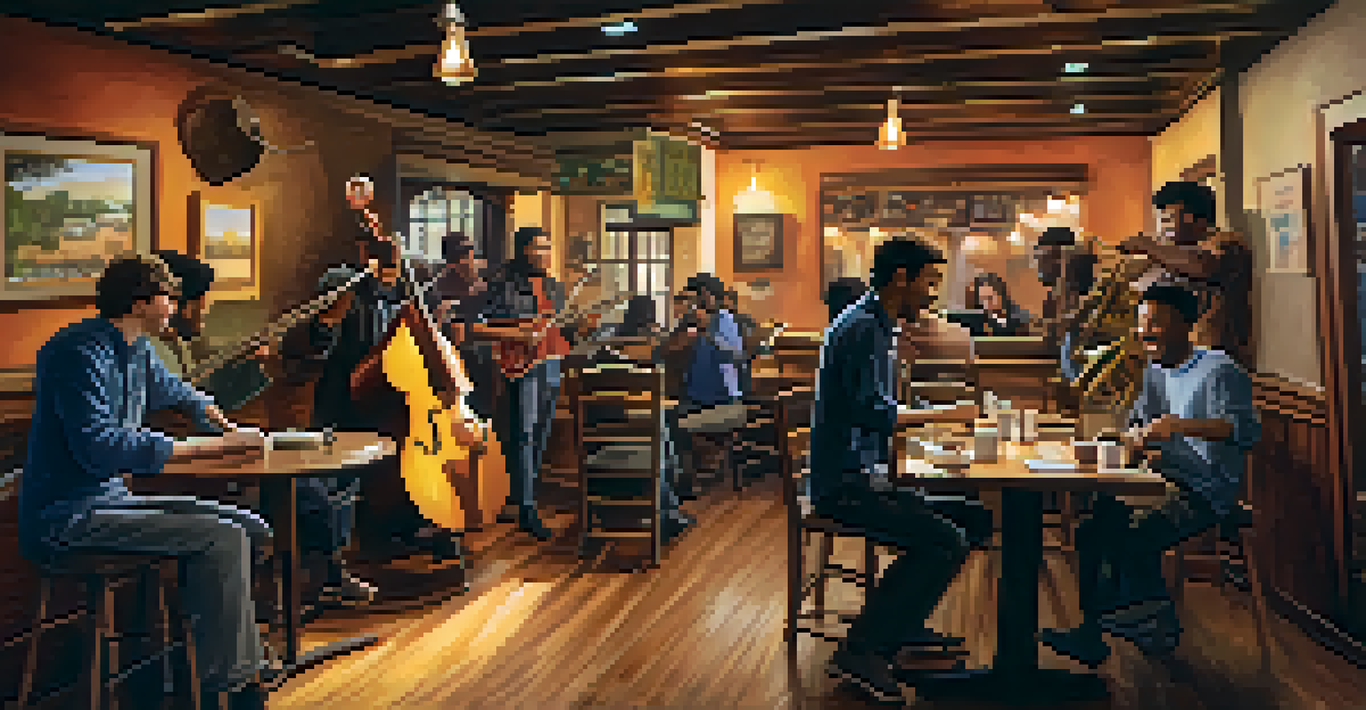 A lively jam session in a coffee shop with musicians playing together, featuring warm lighting and a cozy setting.
