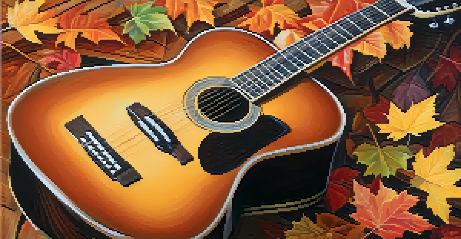 A close-up of an acoustic guitar on a wooden bench surrounded by autumn leaves.