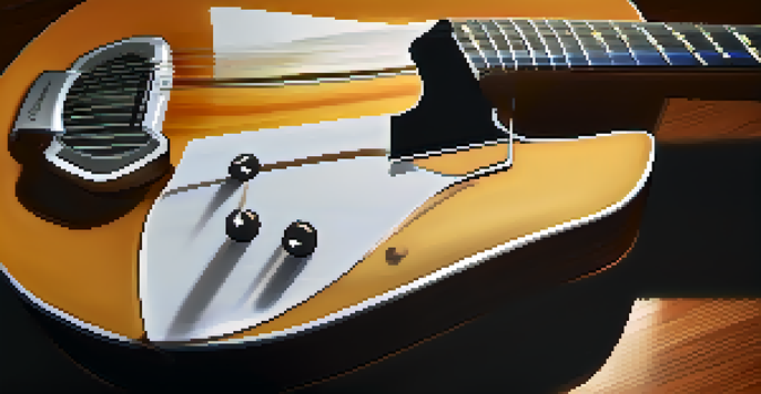 A modern smart guitar on a wooden table next to a smartphone displaying a music app, illuminated by warm ambient light.