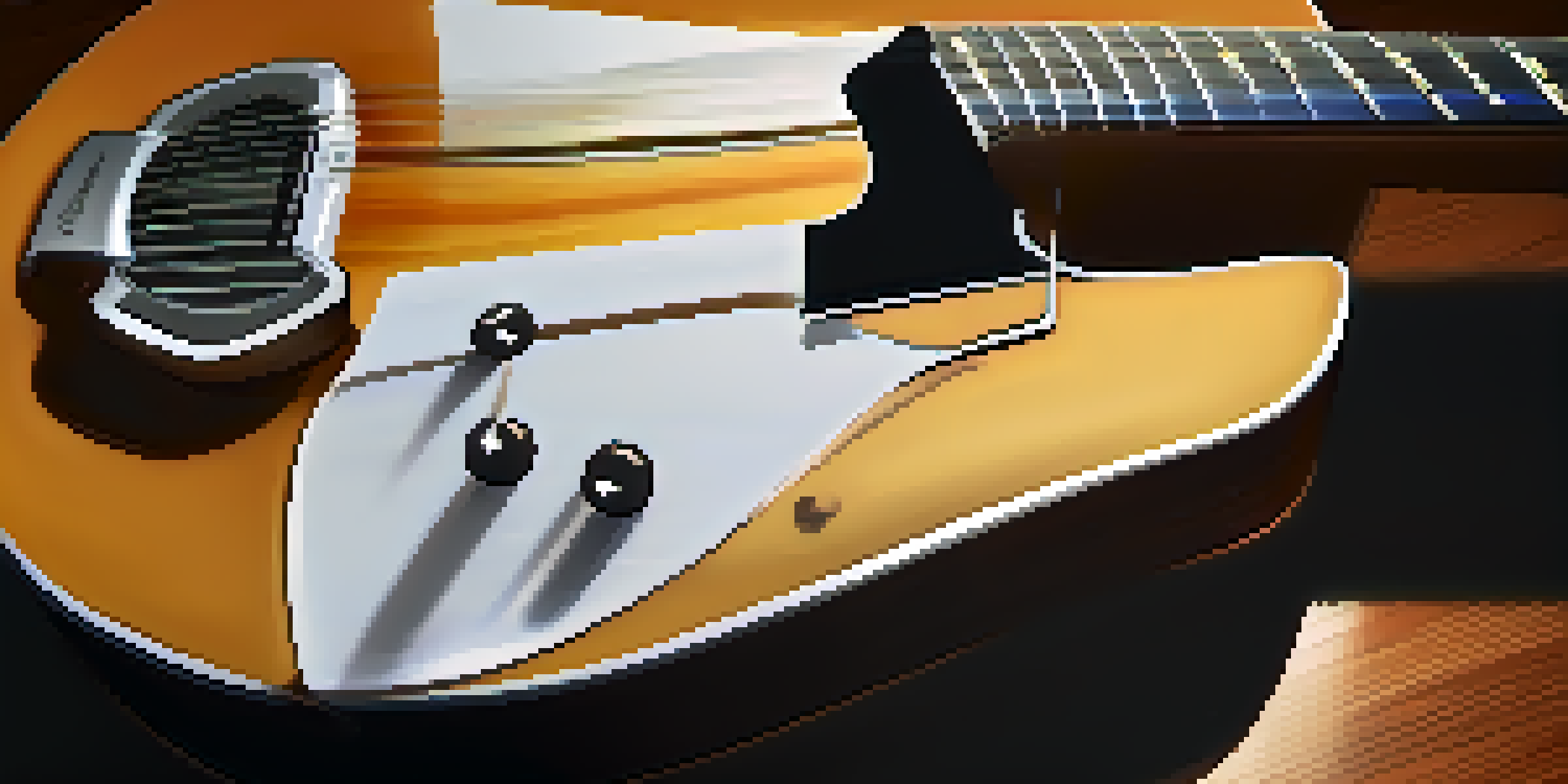 A modern smart guitar on a wooden table next to a smartphone displaying a music app, illuminated by warm ambient light.
