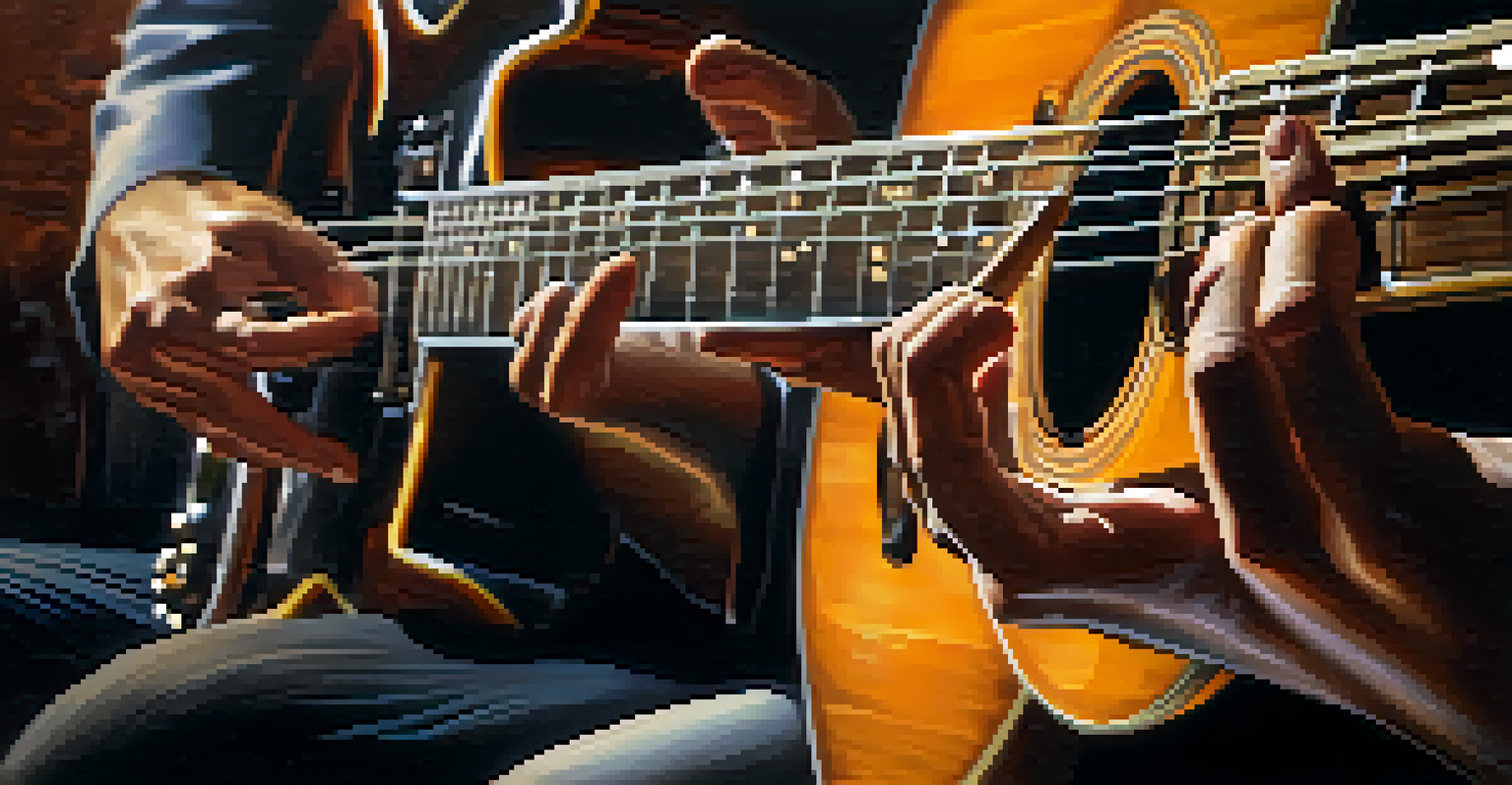 A close-up of two guitarists' hands on their guitars, highlighting the artistry and technique in a jazz duet.