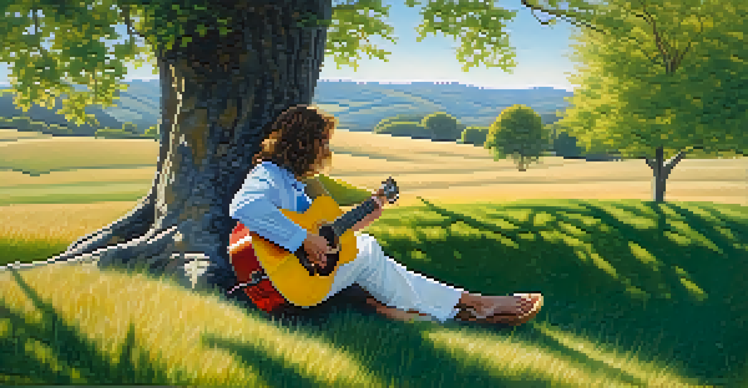 A solo guitarist sitting on a grassy hill under a tree, playing gently in a peaceful natural setting with a clear blue sky.