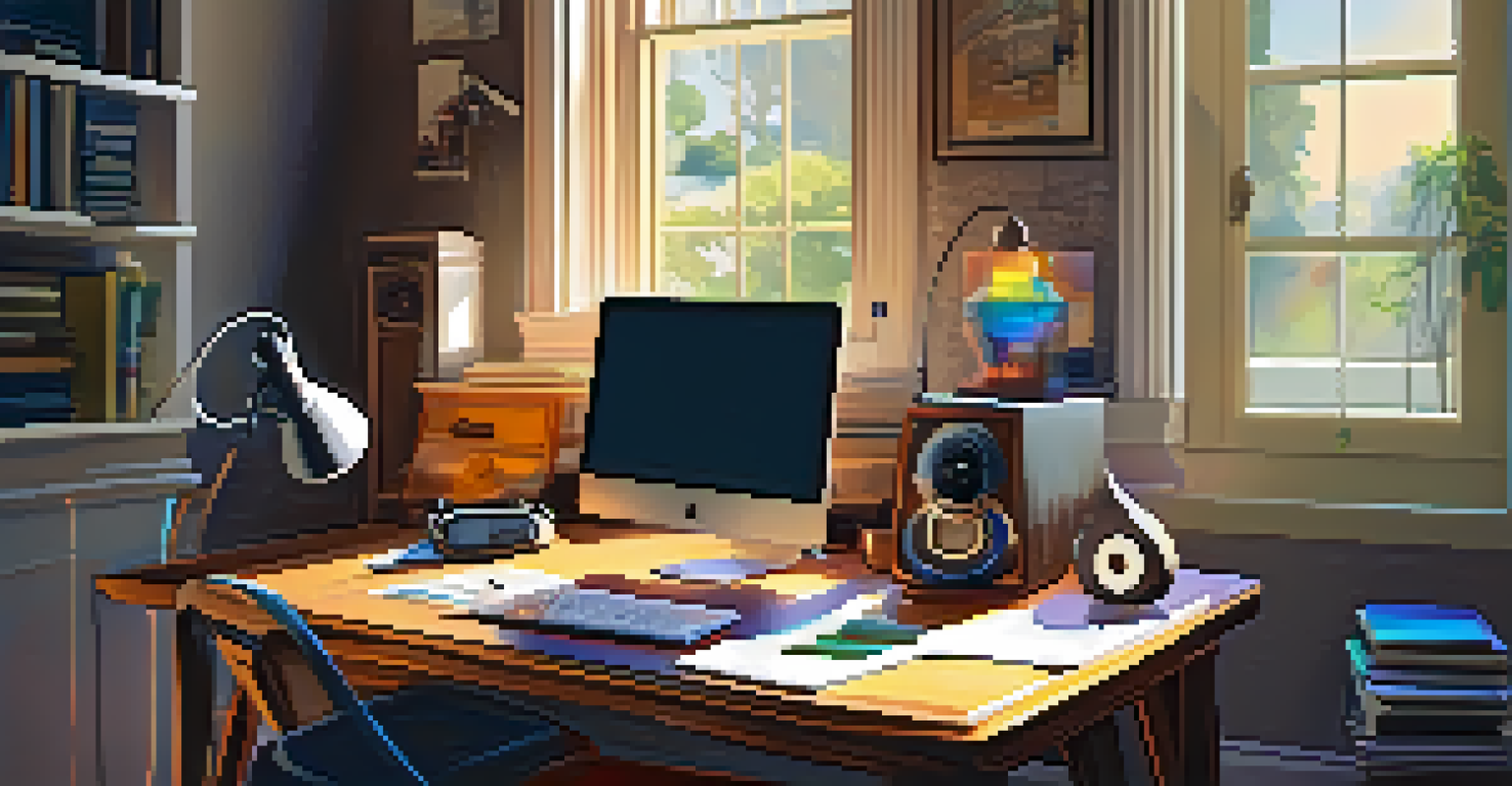 A digital audio workstation on a laptop with a guitar, music sheets, and a steaming cup of coffee in a bright workspace.