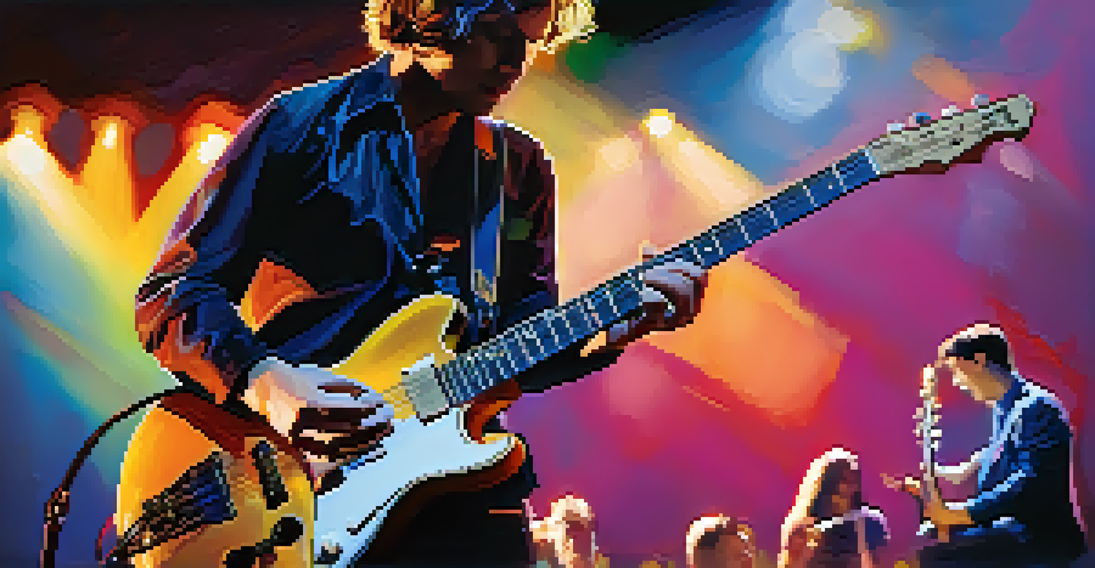 A guitarist performing on stage using the Travis picking technique, with colorful lights in the background.