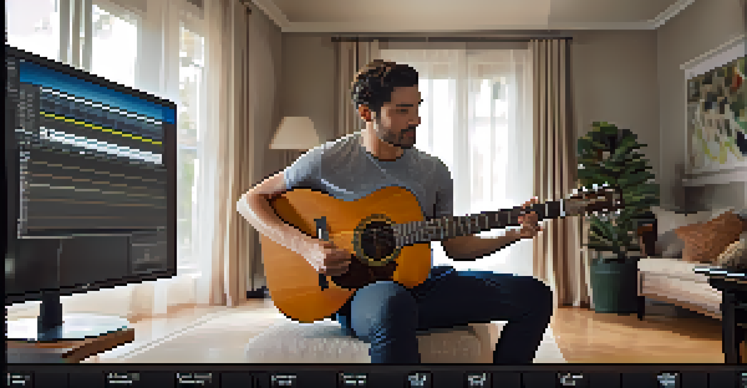 A virtual guitar coach on a screen giving real-time feedback to a player practicing in their living room.