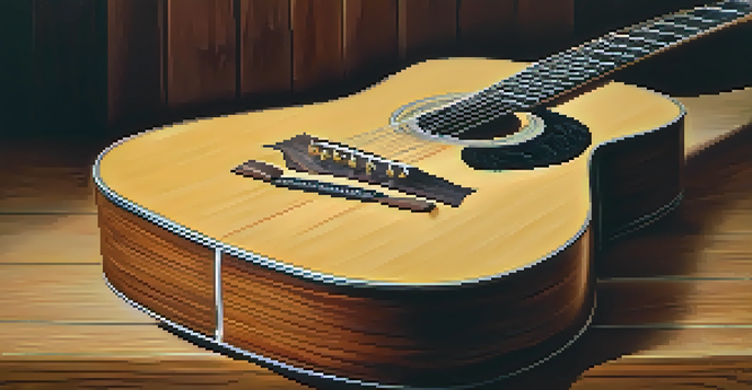 A close-up view of an acoustic guitar featuring nylon strings, with warm lighting accentuating the wood textures.