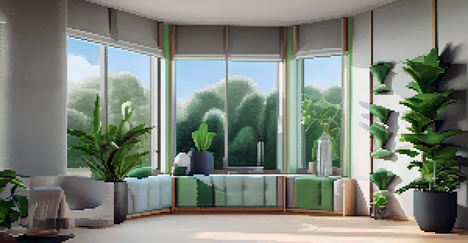 A corner view of a room showing bass traps and diffusers for acoustic treatment, with natural light and plants.