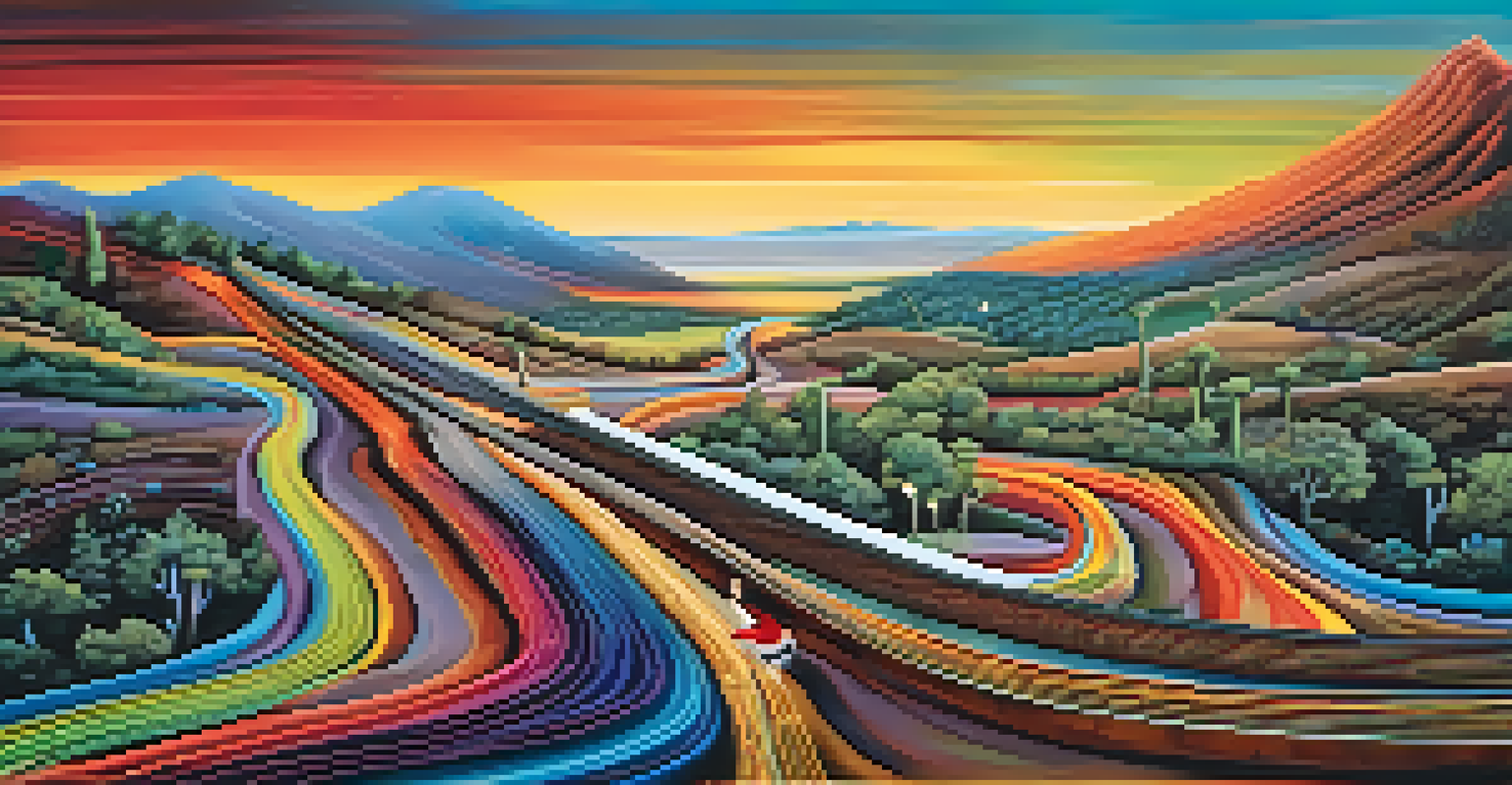 An artistic depiction of a winding road made of guitar strings, featuring vignettes of a guitarist's journey and vibrant colors.