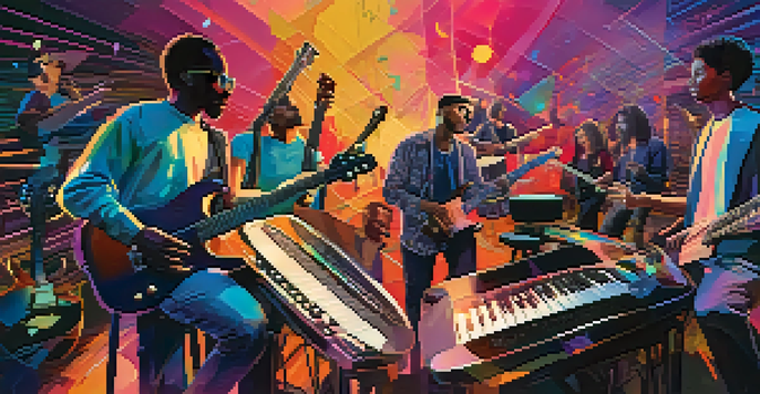 A group of diverse musicians collaborating online, surrounded by colorful sound waves and musical notes.