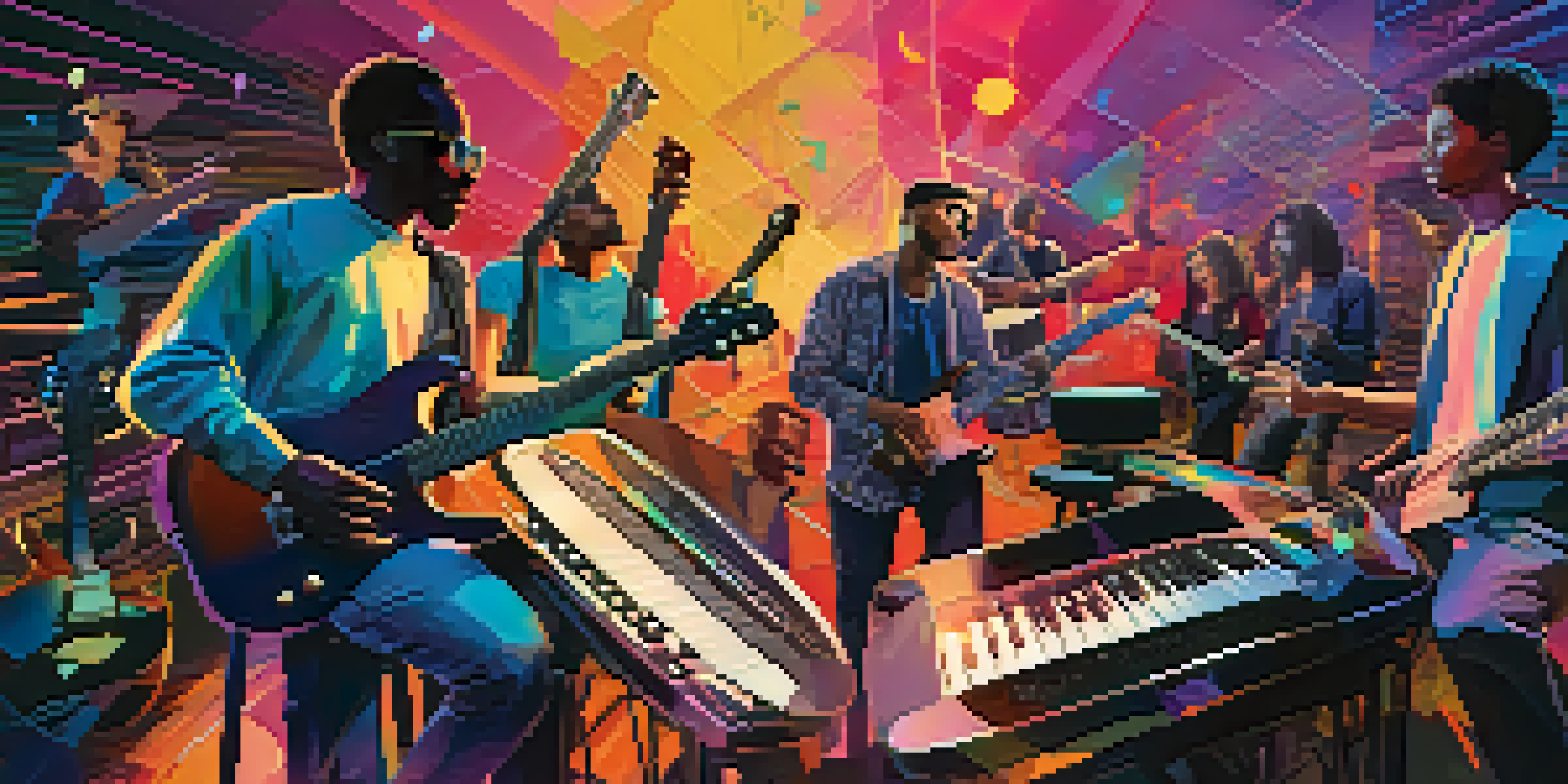 A group of diverse musicians collaborating online, surrounded by colorful sound waves and musical notes.