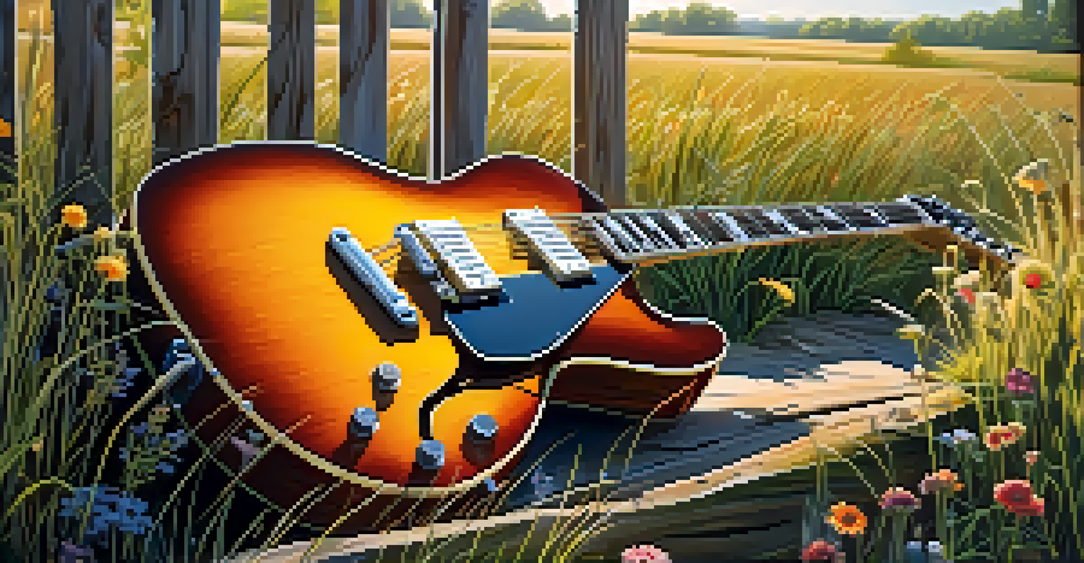 An electric guitar leaning against a wooden fence in a sunny rural landscape with wildflowers and tall grass.
