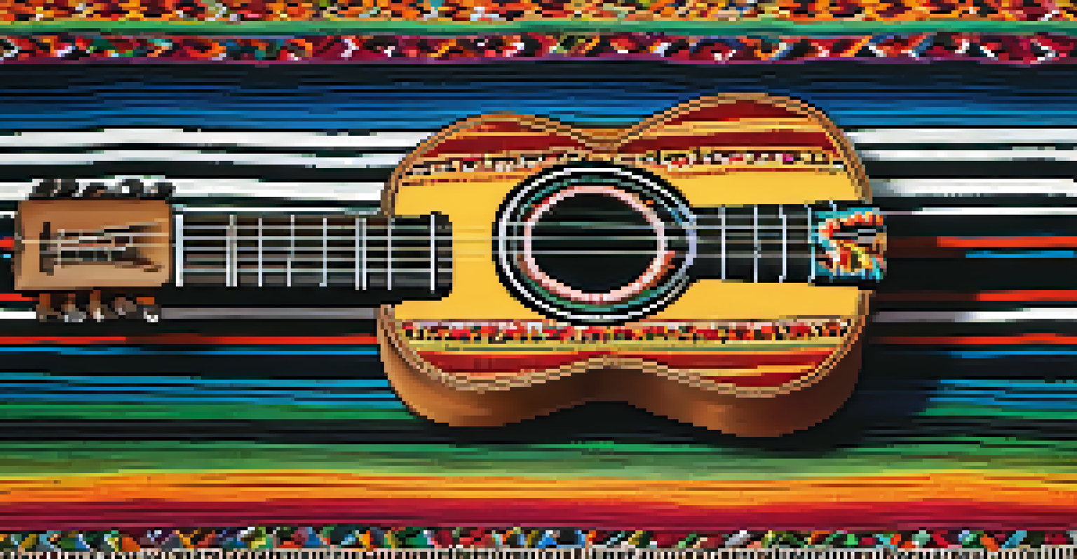A close-up of a charango on a colorful woven textile, showcasing its craftsmanship with soft lighting.