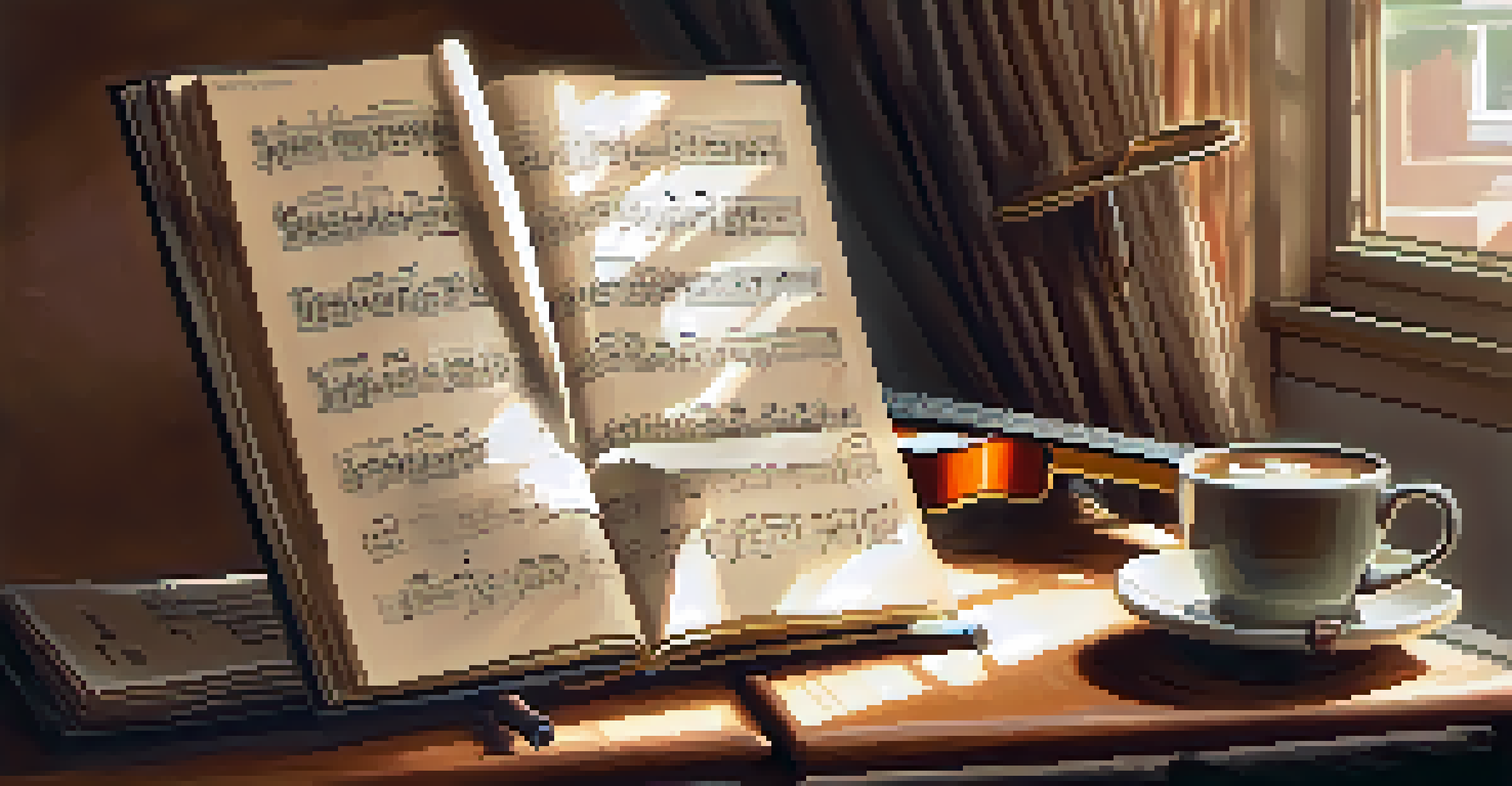 A guitar on a music stand with sheet music and a cup of coffee in a cozy indoor setting, illuminated by warm lighting.