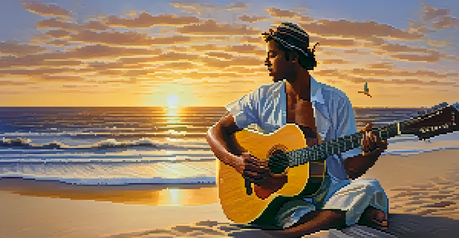A bossa nova guitarist on the beach at sunset, with palm trees and ocean waves in the background.