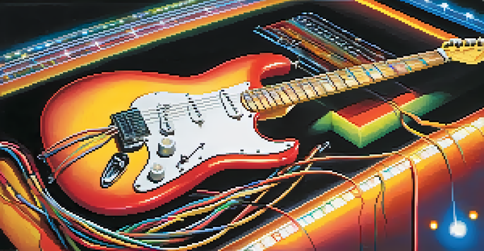 A close-up view of an electric guitar surrounded by colorful cables and effects pedals, illuminated by vibrant concert lights.