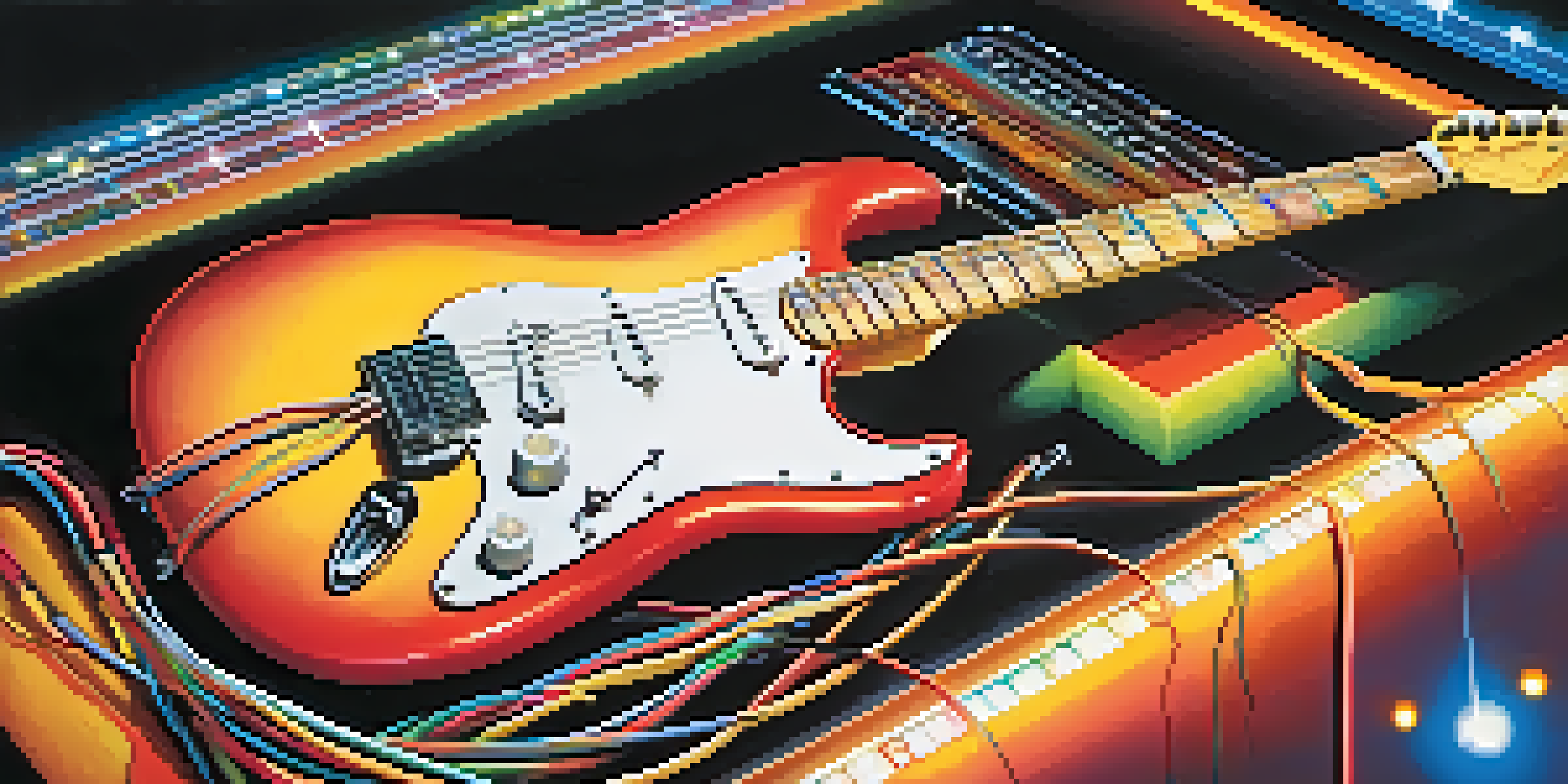 A close-up view of an electric guitar surrounded by colorful cables and effects pedals, illuminated by vibrant concert lights.