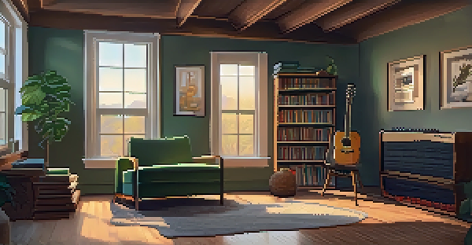 A warm and inviting home guitar room with acoustic panels, an armchair, a rug, and a guitar stand.