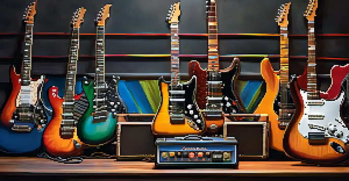 A close-up of a vintage electric guitar surrounded by colorful effects pedals and cables, with warm lighting enhancing the textures.