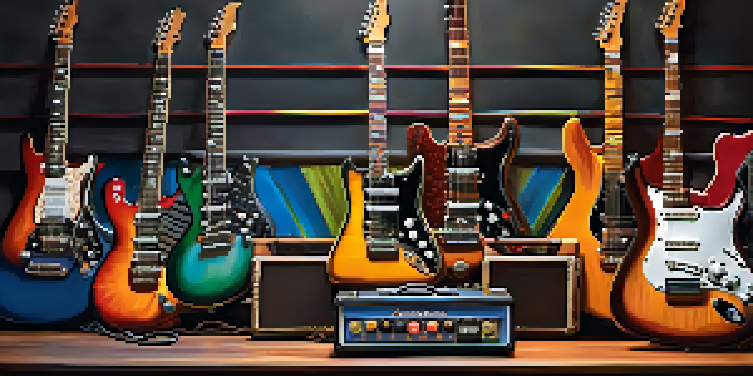 A close-up of a vintage electric guitar surrounded by colorful effects pedals and cables, with warm lighting enhancing the textures.