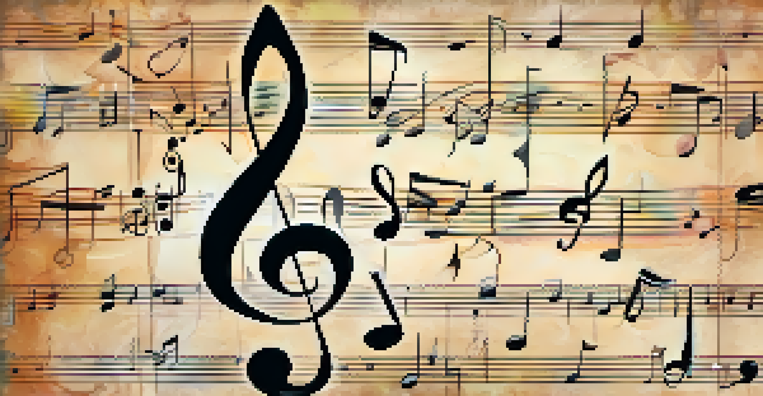 An artistic display of different musical clefs on a textured parchment background, featuring vibrant colors and designs.