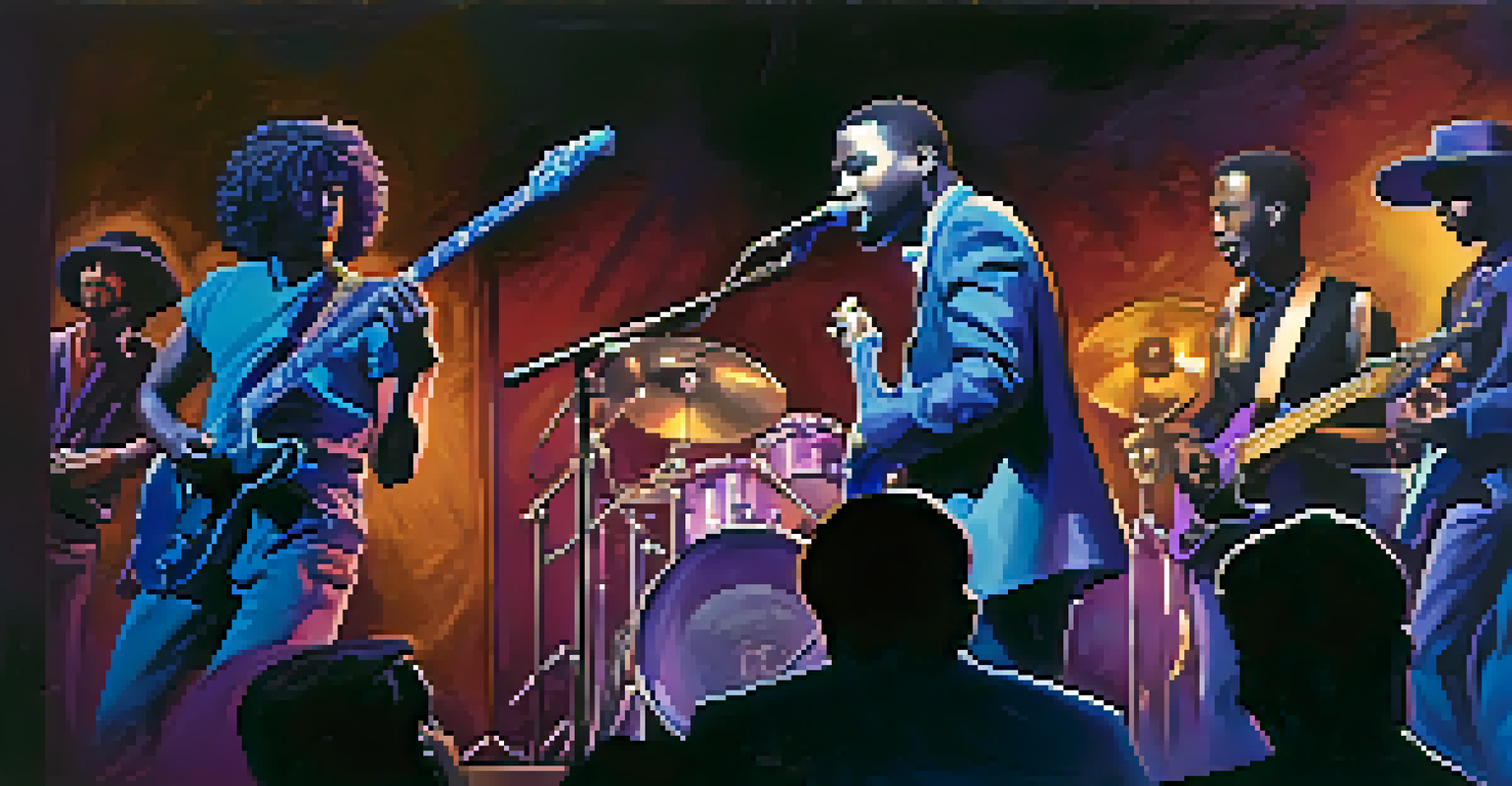 A blues band on stage with a guitarist playing slide guitar, illuminated by blue and purple lights.