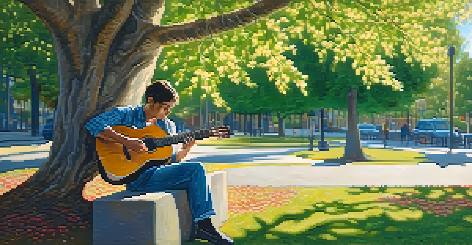 A guitarist playing on a park bench under a tree, with sunlight filtering through the leaves, surrounded by flowers and greenery, creating a peaceful atmosphere.