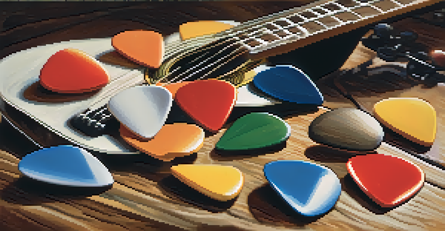 An arrangement of colorful guitar picks on a rustic wooden table, with music sheets and a guitar blurred in the background, showcasing warm tones.