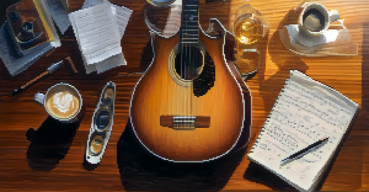 Overhead view of a musician practicing guitar with a metronome, notebook, coffee, and guitar pick on a table.