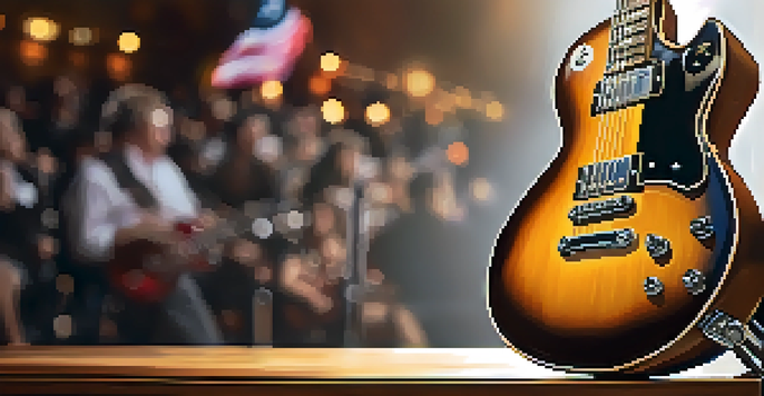 A vintage electric guitar on a wooden stage with warm lighting, with blurred audience silhouettes in the background.