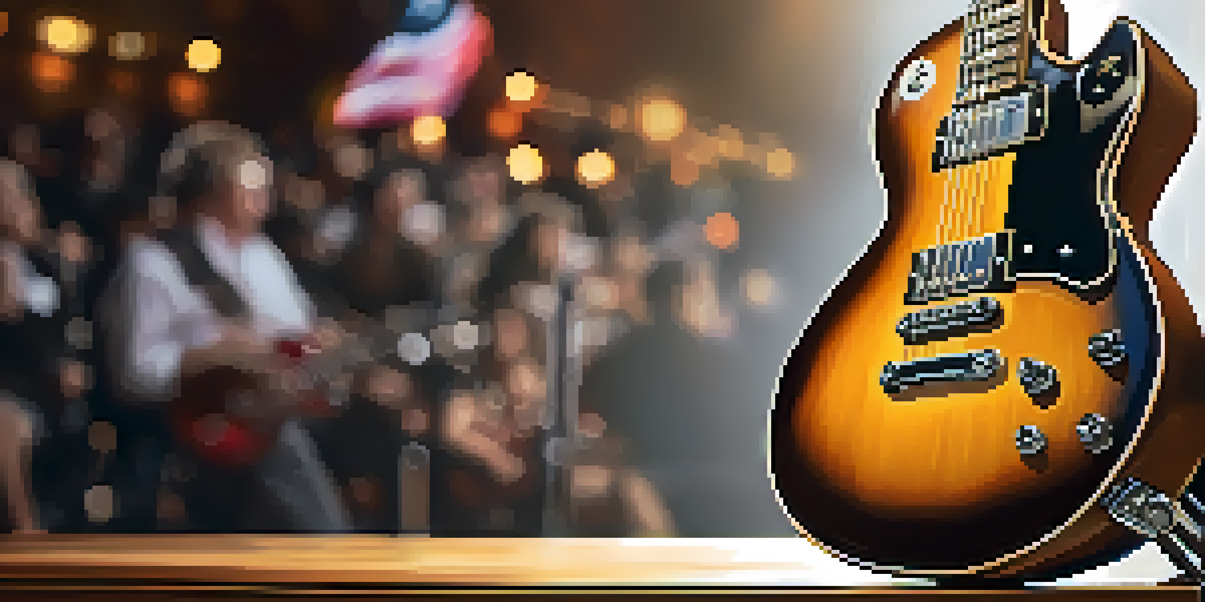 A vintage electric guitar on a wooden stage with warm lighting, with blurred audience silhouettes in the background.