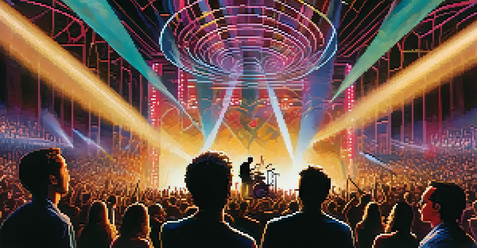 A concert scene featuring a guitarist in the foreground with vibrant visual projections and an engaged audience in silhouette.