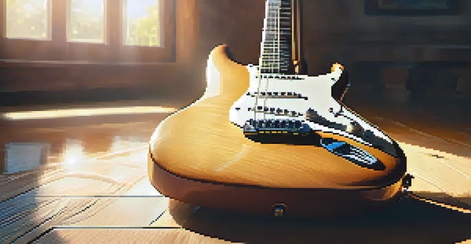 A close-up of a vintage electric guitar on a wooden stage with sunlight and bokeh lights in the background.