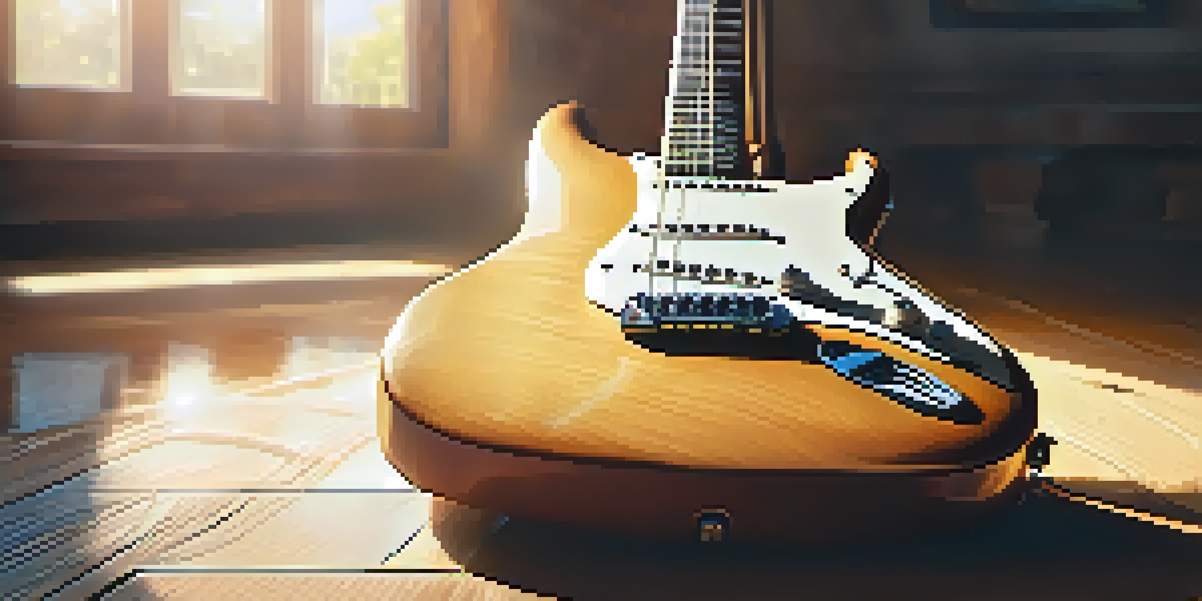 A close-up of a vintage electric guitar on a wooden stage with sunlight and bokeh lights in the background.