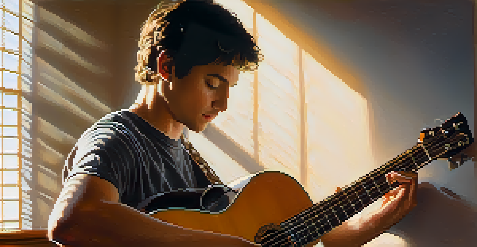 A guitarist changing strings in a sunlit room, focusing on their hands and the guitar's headstock.