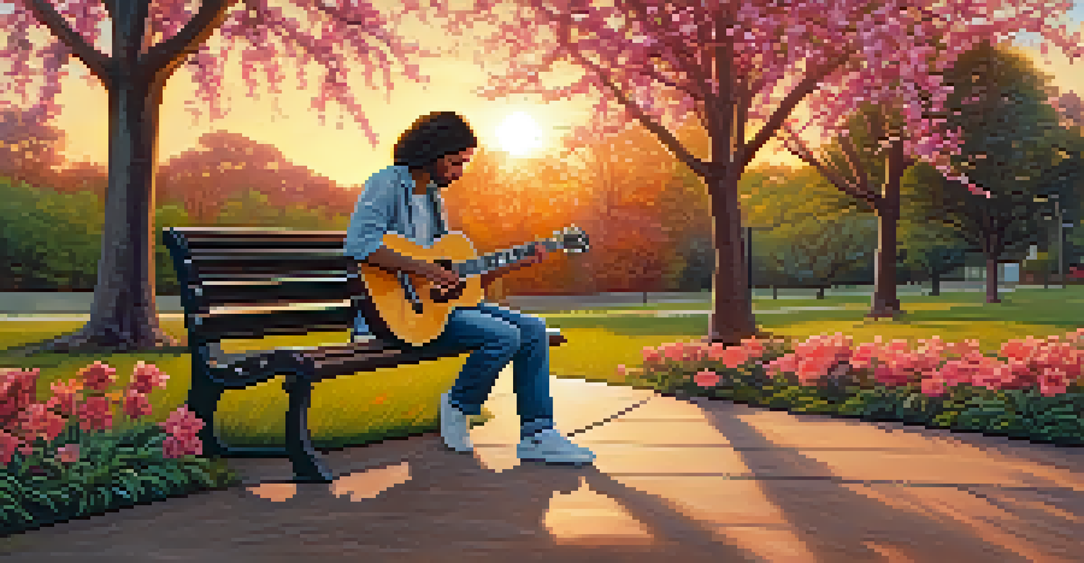 A person sitting on a park bench playing an electric guitar amidst blooming flowers and greenery during sunset.