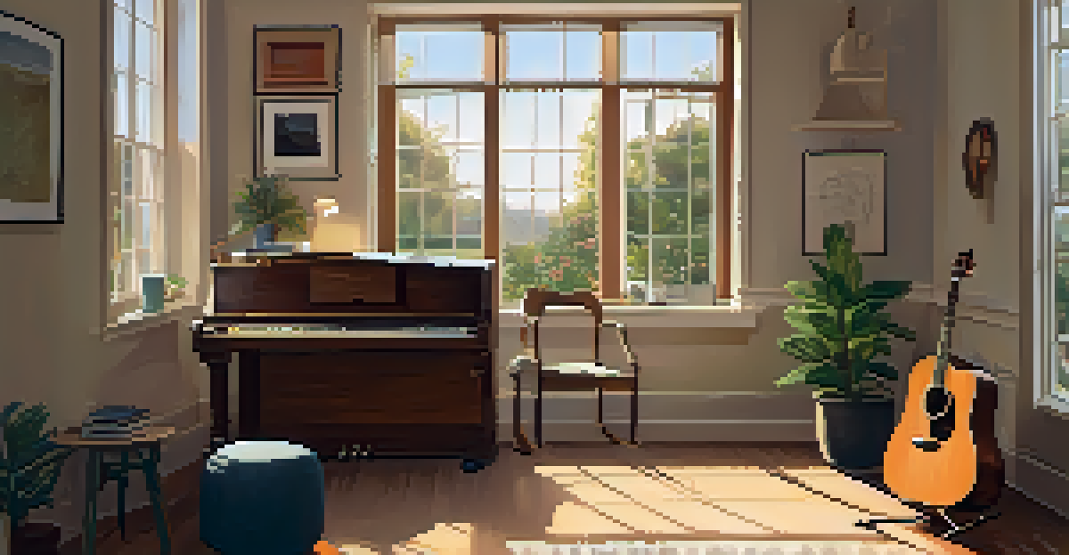 A cozy practice space with a guitar, music stand, and warm lighting, ideal for practicing fingerpicking.