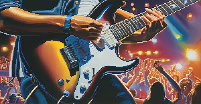 A guitarist's hands playing an electric guitar on stage, with colorful lights and a cheering crowd in the background.
