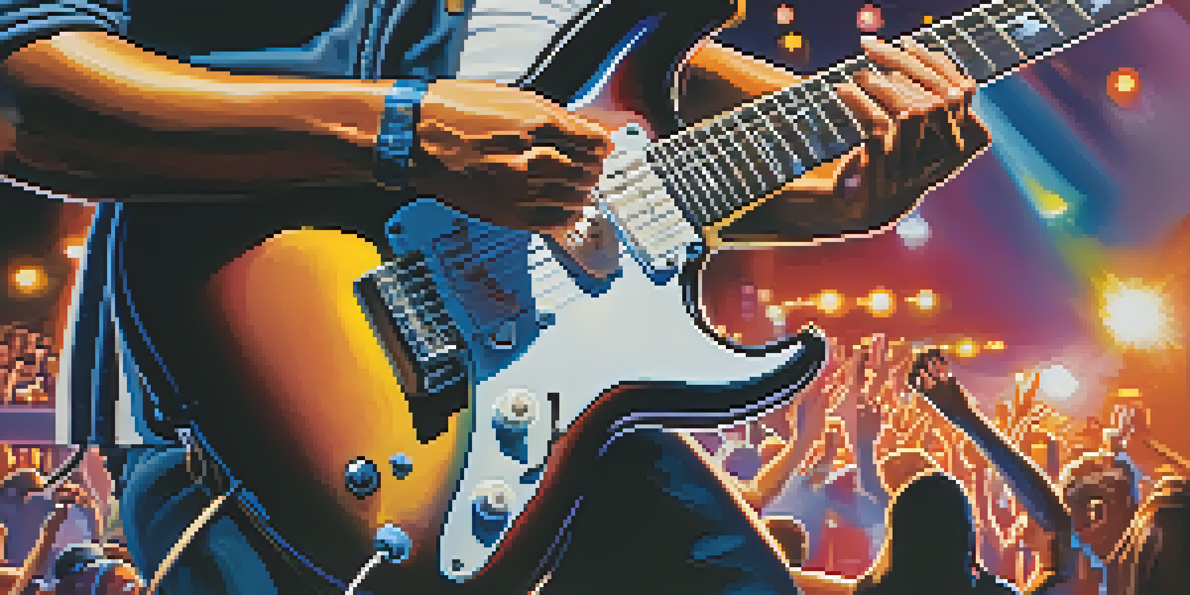 A guitarist's hands playing an electric guitar on stage, with colorful lights and a cheering crowd in the background.