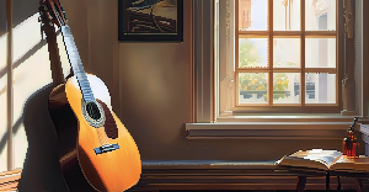 A tranquil interior scene with a Spanish guitar on a chair, sunlight coming through a window, and an open music book beside it.