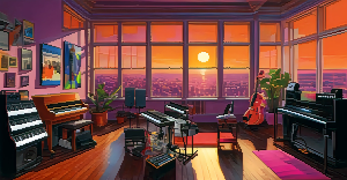 A colorful music studio with instruments and warm lighting, featuring a musician at a piano with sunset views.