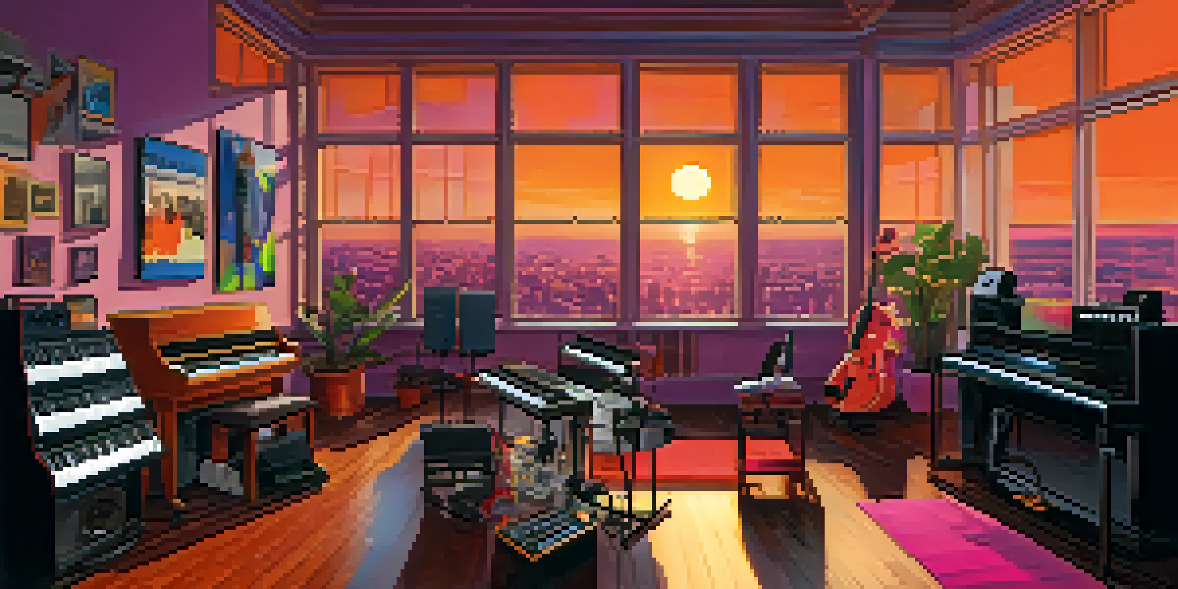 A colorful music studio with instruments and warm lighting, featuring a musician at a piano with sunset views.