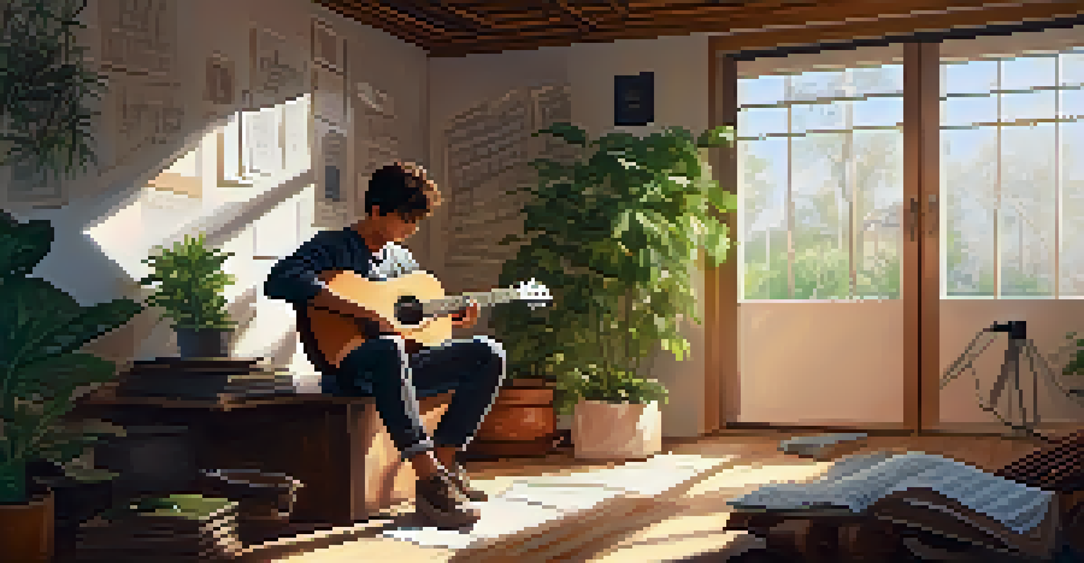 A guitarist sitting on the floor amidst music sheets with clefs, in a cozy and serene practice space with plants.