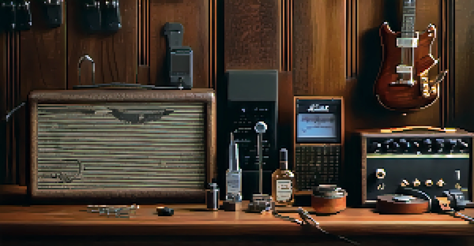 An arrangement of guitar tuning accessories including a digital tuner, tuning fork, and pitch pipe on a dark wood background.