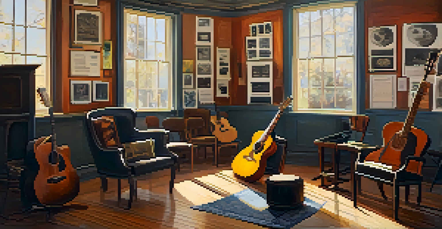 A cozy rehearsal space with various types of guitars, warm lighting, scattered music sheets, and chairs arranged in a circle.