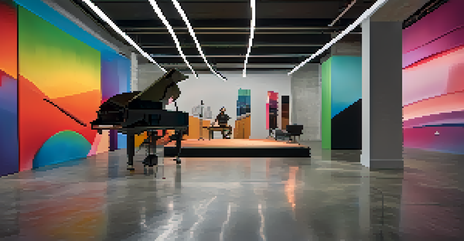 A modern music studio with concrete floors and colorful acoustic panels, featuring a musician playing an electric guitar.