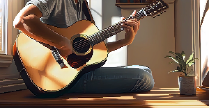 A close-up view of a guitarist's hands playing an acoustic guitar in a cozy, sunlit room with plants and books in the background.