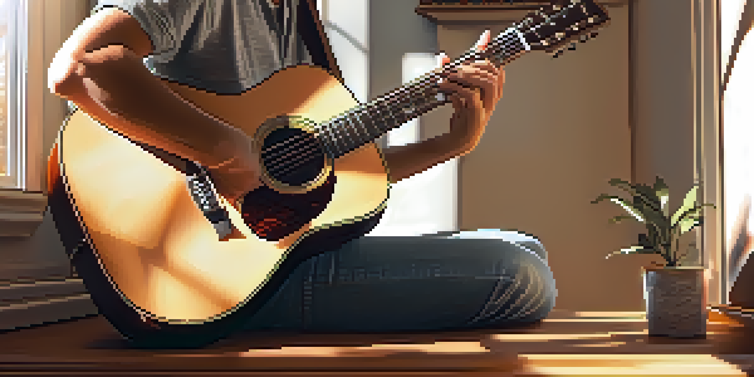 A close-up view of a guitarist's hands playing an acoustic guitar in a cozy, sunlit room with plants and books in the background.